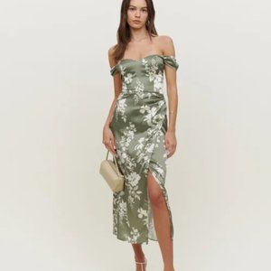 NWOT Reformation Genesis Silk Dress in Willow White Green Floral Midi